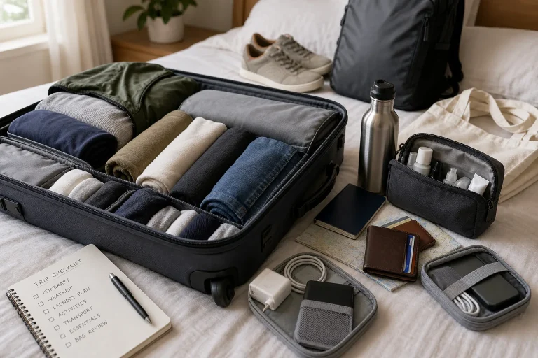 AI-generated editorial illustration for How to Pack Light for a Trip of Any Length